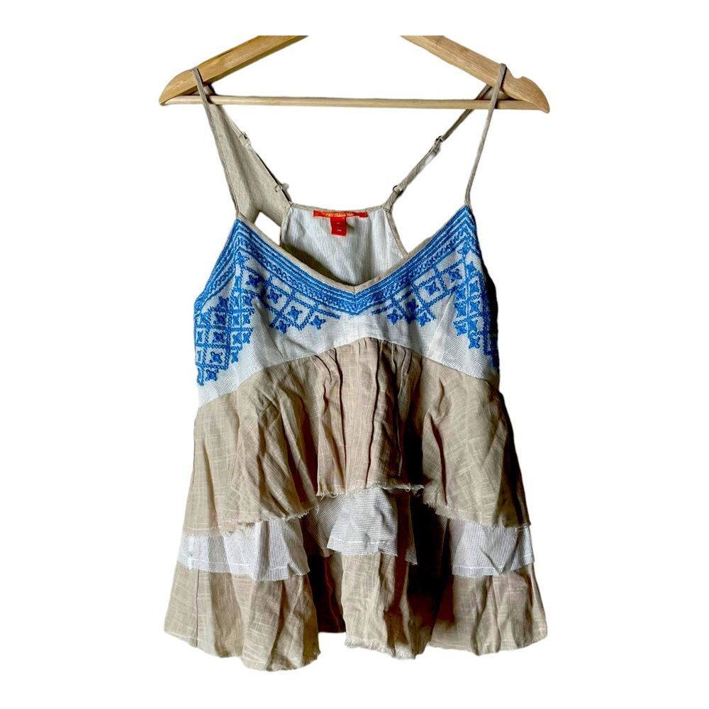 C&V Chelsea & Violet S Embroidered Layered Tank Oatmeal Blue  M